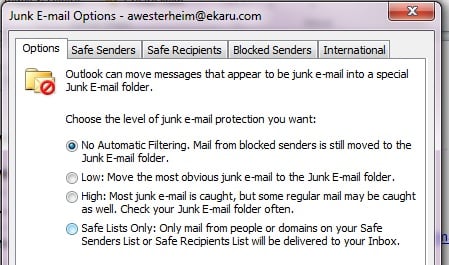 Junk Mail Settings -Outlook