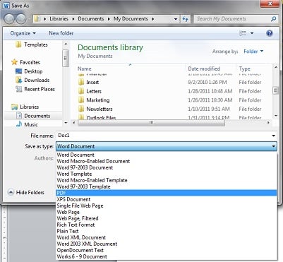 Word 2010 Save as pdf
