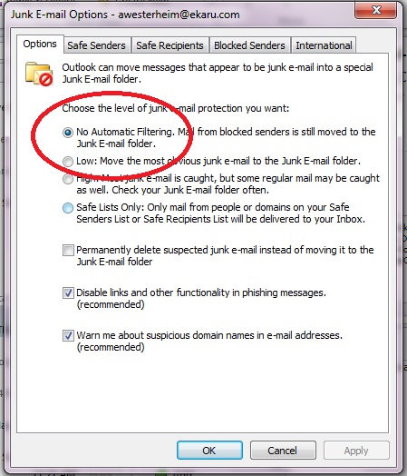 Junk Mail No Filtering