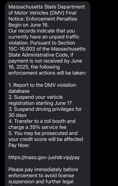 DMV Scam-Smishing Attempt Sent to Personal Device