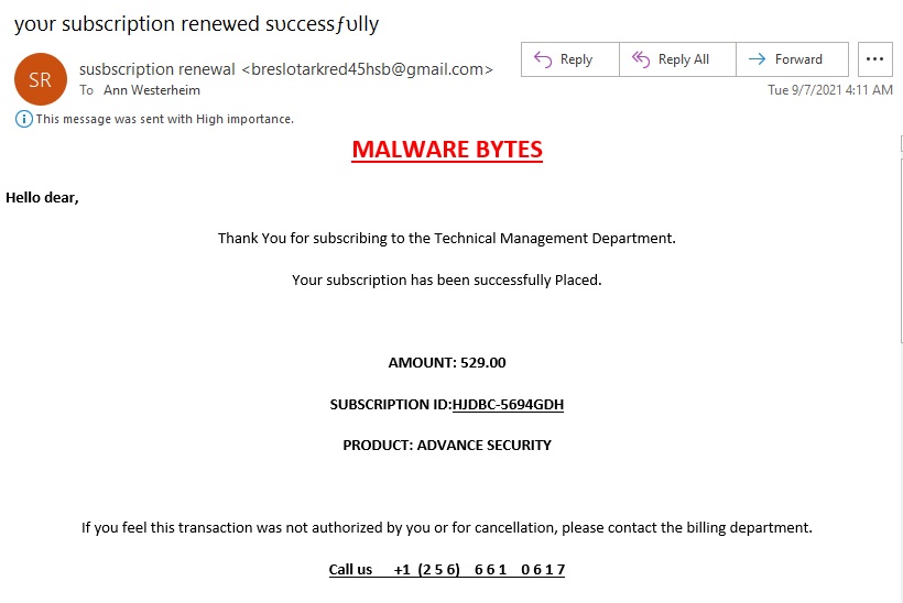 Fake Malwarebytes Renewal with Phone Number