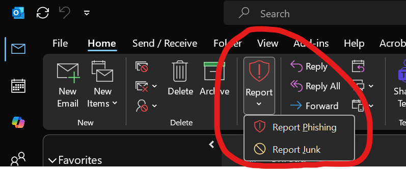 Microsoft Outlook Report Phishing or Junk