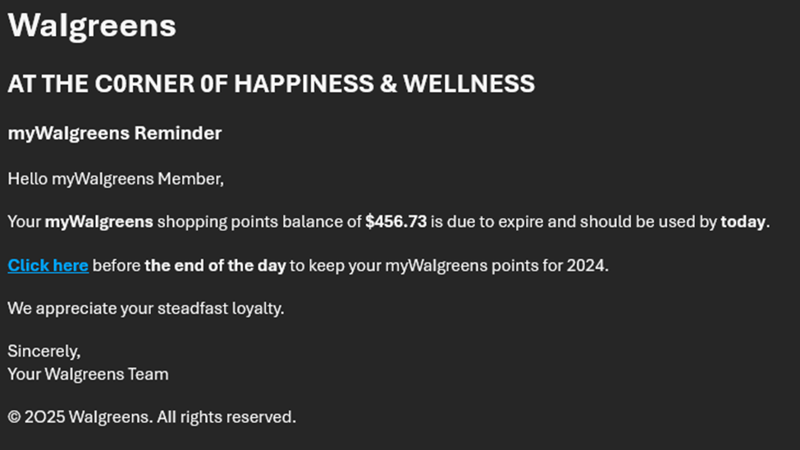 Spam email "from" Walgreens